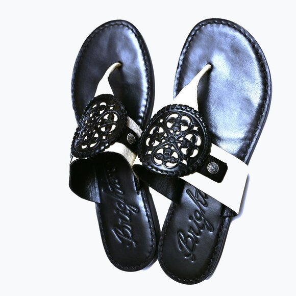 Brighton Shoes - BRIGHTON Alexa Leather Brazilian Thong Sandals Black White Women’s 6.5